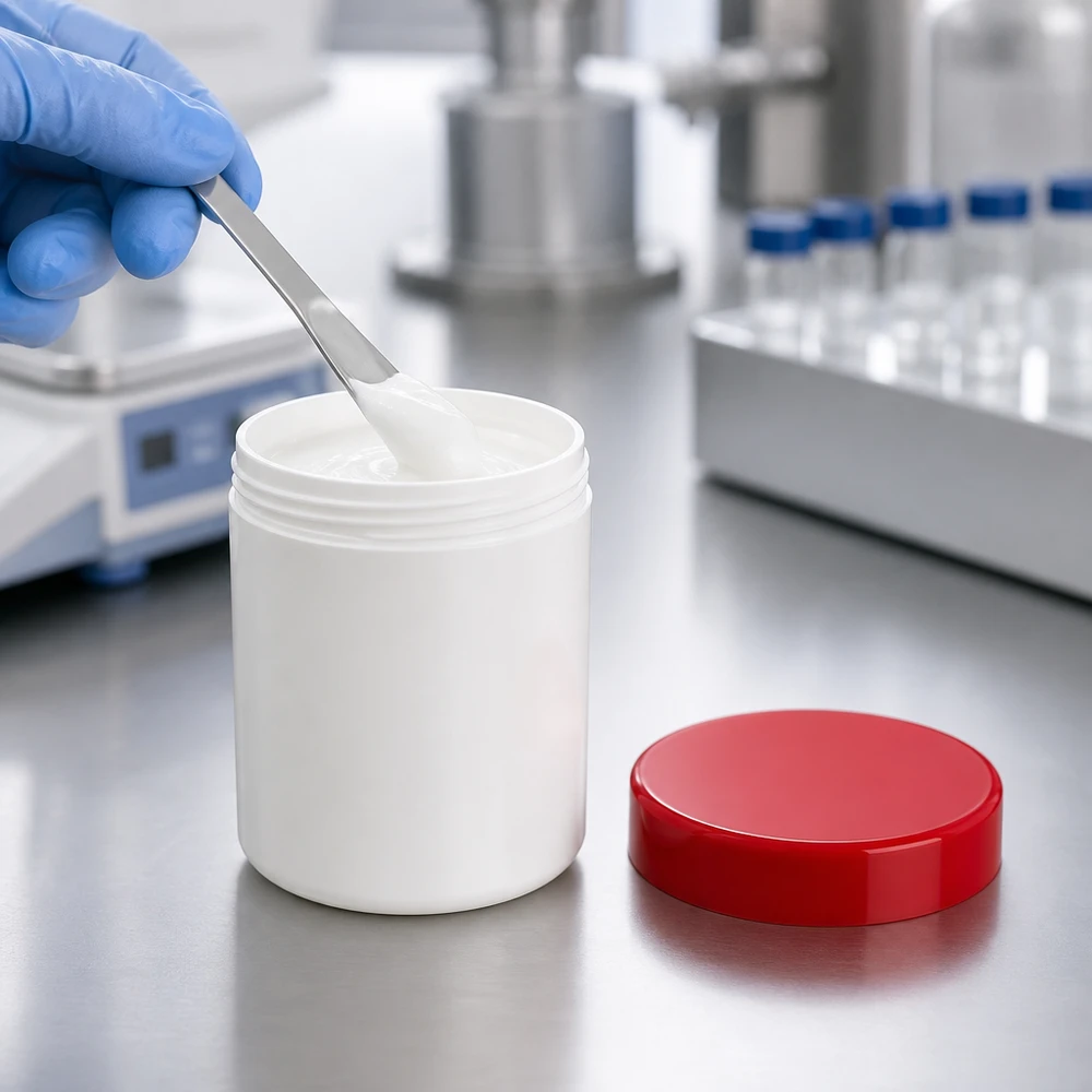 PP-zalfpotje 100 g, voedselveilig, wit, met rode deksel, voor apotheken en laboratoria
