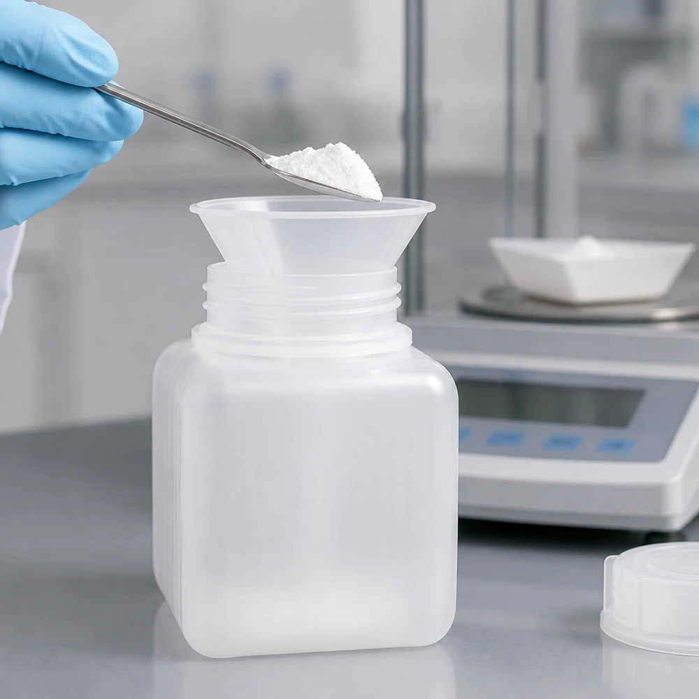 Rechthoekige chemische fles van 500 ml, gemaakt van PE-HD in naturel, met een brede opening voor het vullen met poeder