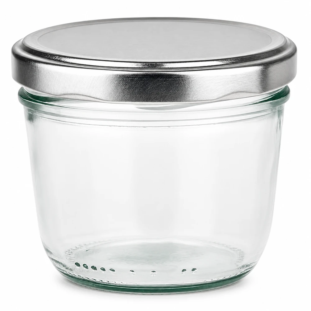230ml bekers met BasicSeal deksel zilver UNiTWIST 230ml beker met zilveren BasicSeal deksel lege transparante inmaakpot jampot