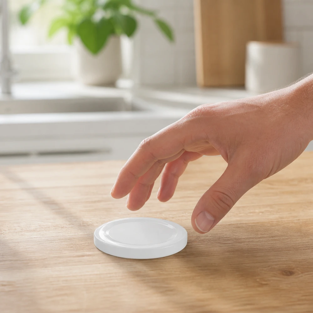 Compacte BasicSeal-schroefdeksel, wit, TO48, 48 mm, in een moderne, lichte keukenomgeving
