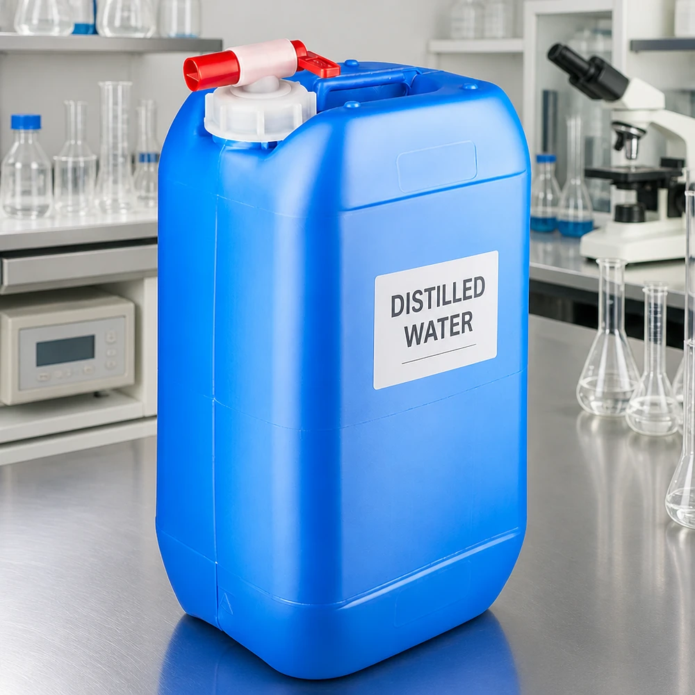 Draagbare blauwe waterkan van 15 liter met handige tapkraan voor laboratoriumgebruik