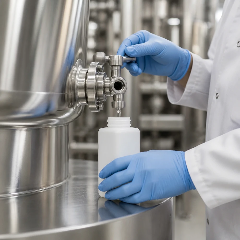 Een chemicus met beschermende handschoenen vult een 1500 ml PE-HD-fles met brede hals in natuurlijke kleur vanuit een industriële tank