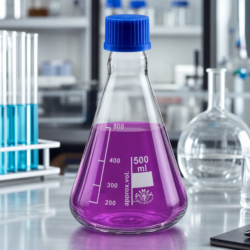 Erlenmeyer van robuust laboratoriumglas met een inhoud van 500 ml en schroefdraad