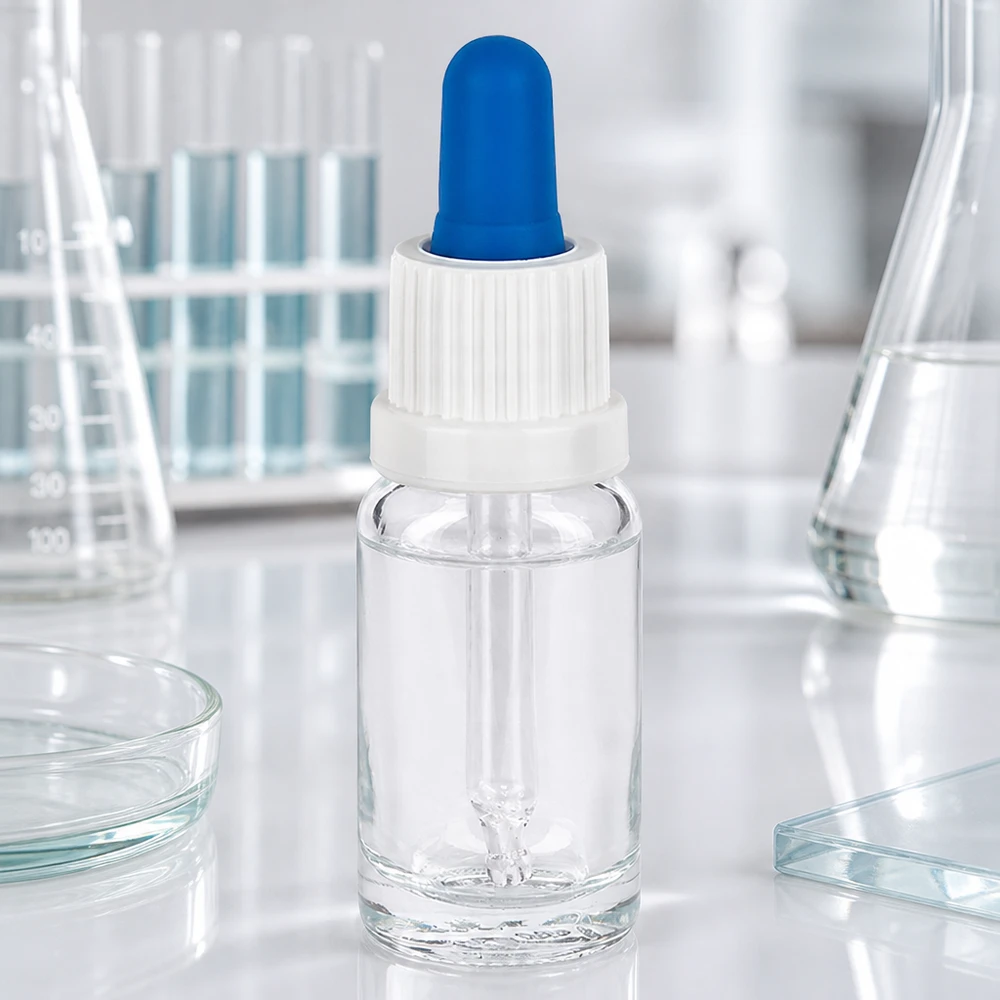 10ml pipetfles wit/blauw OV ClearL. UT18/10 Pipetfles van 10 ml van helder glas in het laboratorium, met reageerbuisjes, bekerglazen en petrischalen