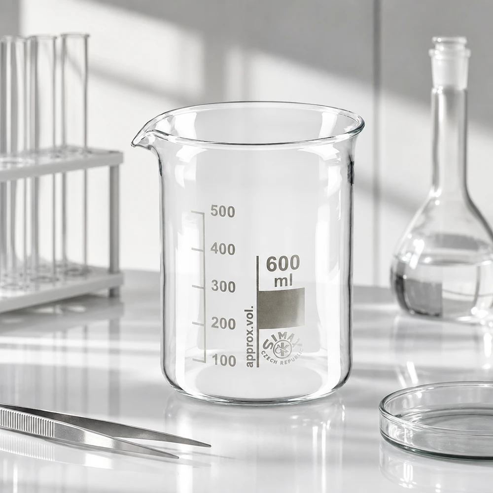 Helder bekerglas 600 ml met lage vorm gemaakt van hoogwaardig borosilicaatglas met nauwkeurige maatverdeling