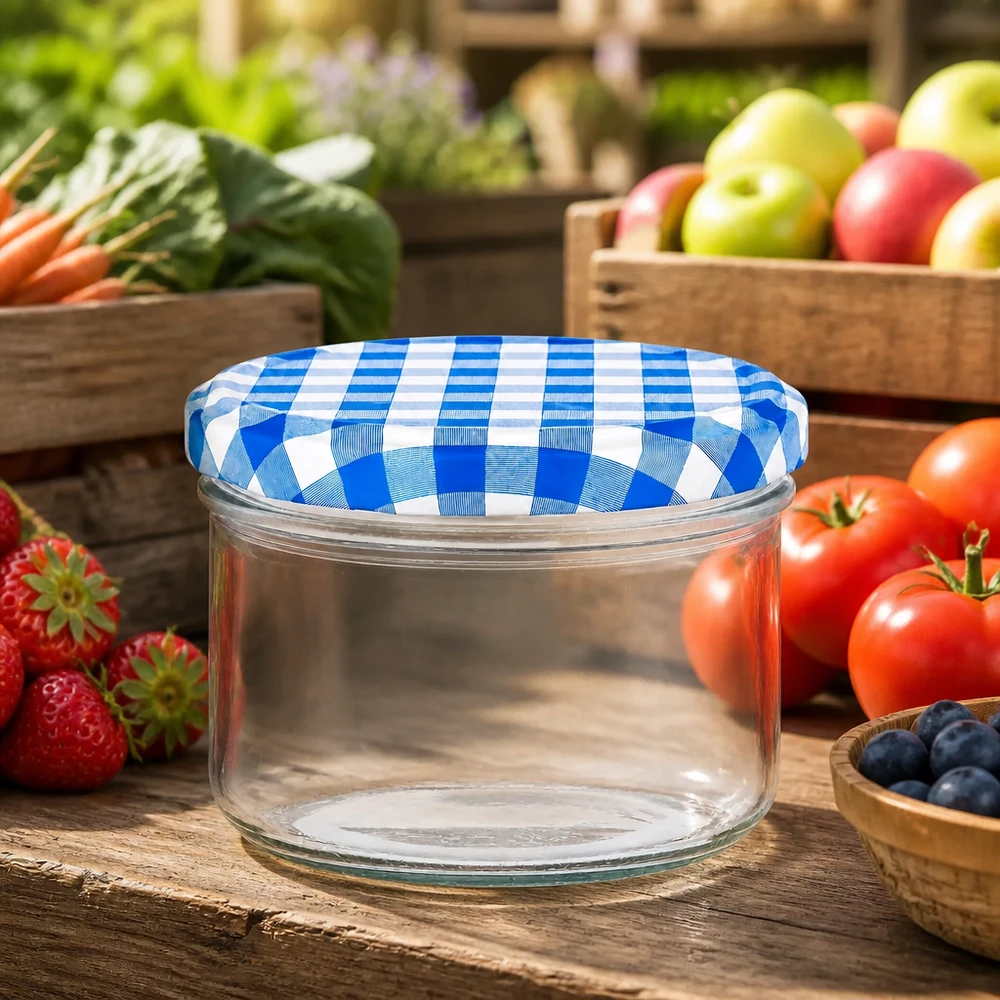 230ml cilinderpot BasicSeal deksel blauw en wit in een natuurlijke keukenomgeving met vers fruit en groenten