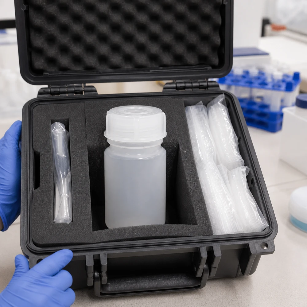 Wijde hals laboratoriumfles 50ml met sluiting HDPE-fles met brede hals van 50 ml als onderdeel van een bemonsteringsset in een zwarte beschermkoffer
