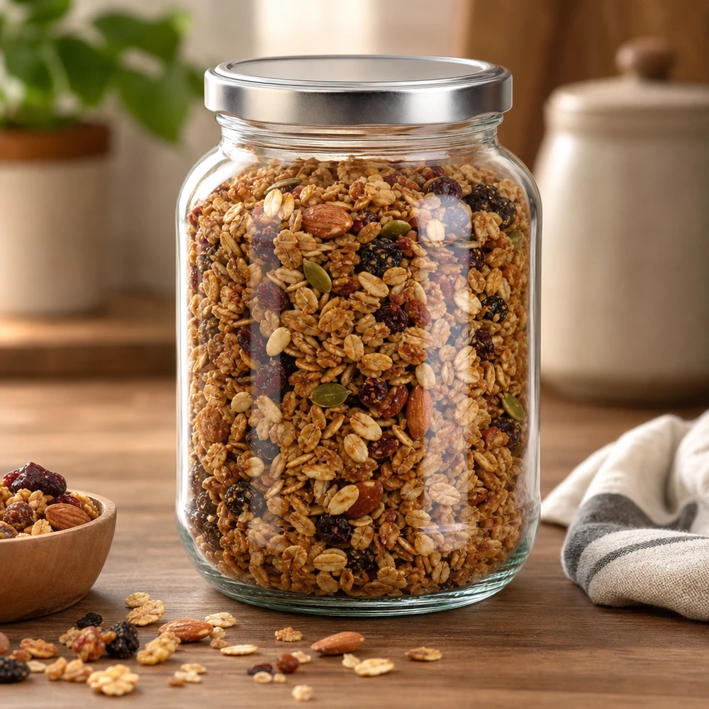 Ovale pot van 370 ml met zilveren schroefdeksel gevuld met muesli en noten als voorraadpot in de keuken