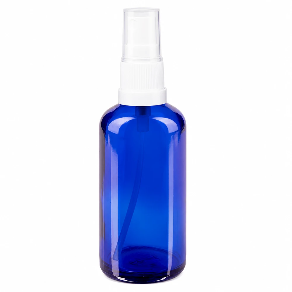 Blauwe glazen spuitfles van 50 ml met witte spuitkop voor apotheken en cosmetica