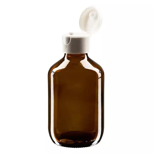 200ml Euro-medicijnfles / siroopfles bruin met witte klapsluiting 200ml Euro-medicijnfles / siroopfles bruin met witte klapsluiting