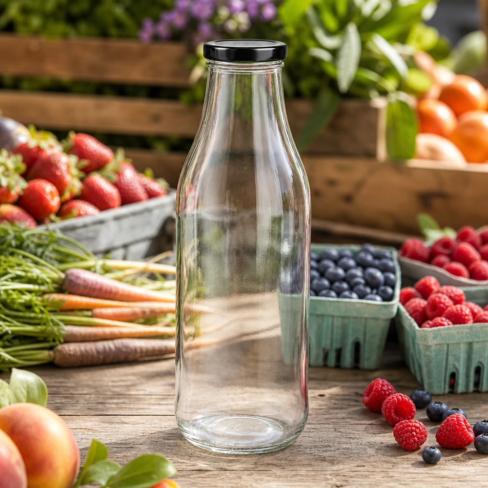 1000ml glazen fles leeg op een rustieke houten tafel omringd door verse bessen, fruit en groenten buiten
