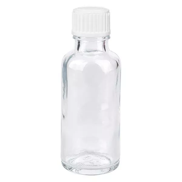 Helder glazen flessen 30ml met wit schroefsluiting St Helder glazen flessen 30ml met wit schroefsluiting St