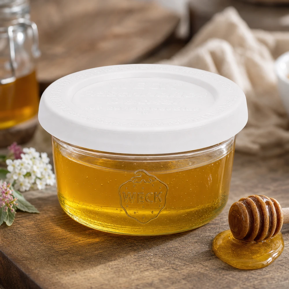 50ml stortglas met vershouddeksel WECK RR60 50ml WECK RR60 pot gevuld met honing en honinglepel op een rustieke houten tafel in een gezellige keuken