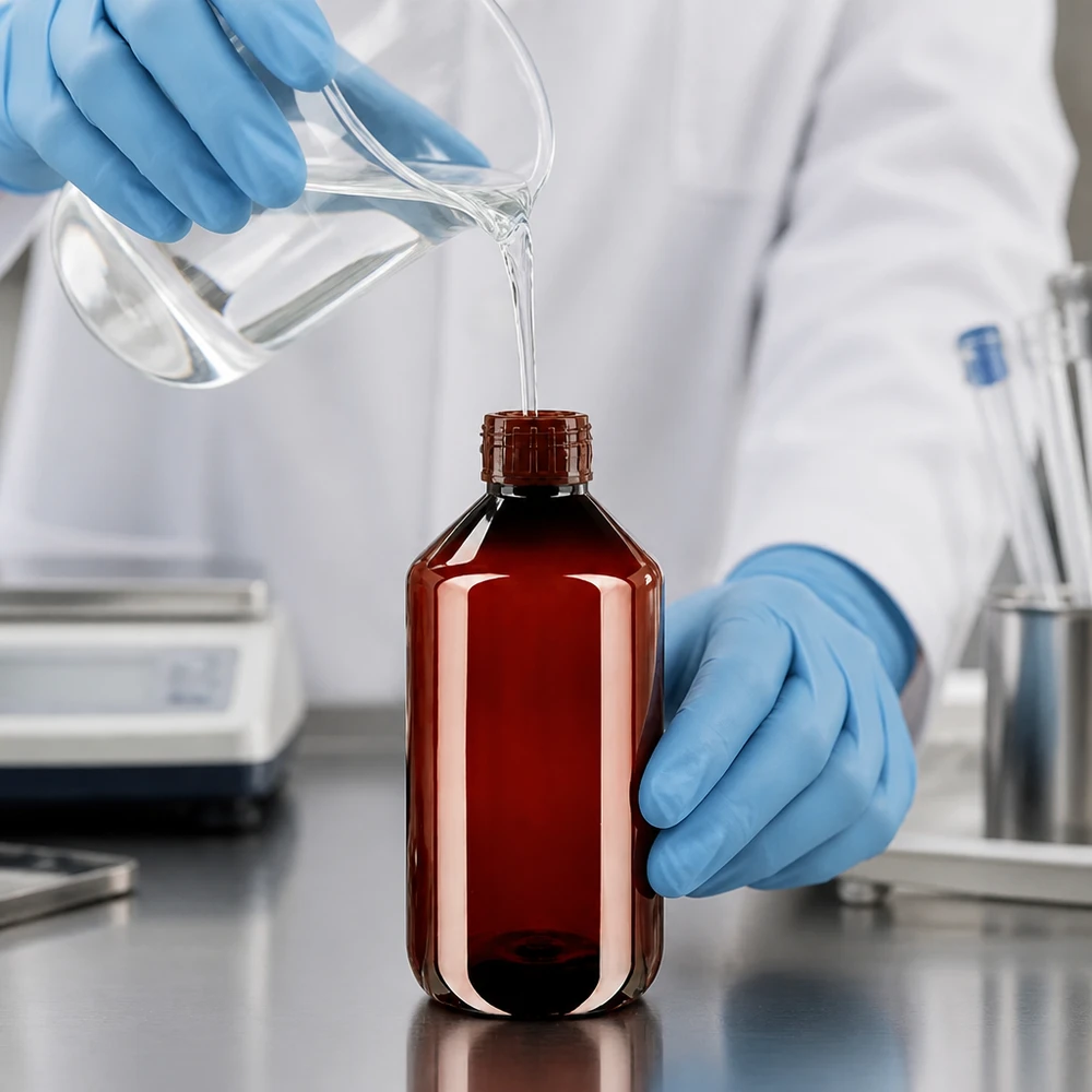 50 ml PET medicijnfles met verstuiver zwart GCMI 28/410 incl. dop transparant, standaard Braune PET Enghalsflasche 500ml mit manipulationssicherem Verschluss für flüssige Substanzen