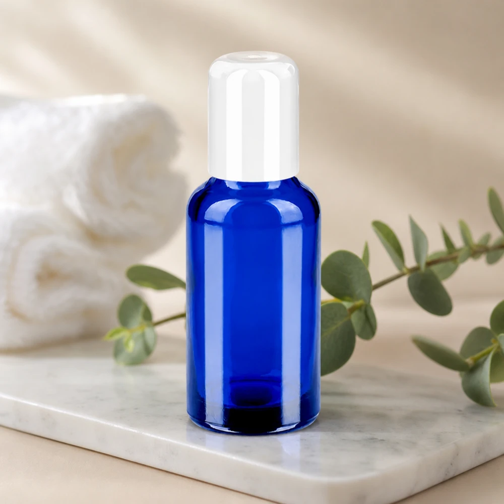 Compacte STD BlueLine glazen fles 30ml met roll-on functie beschermt de inhoud tegen UV-straling