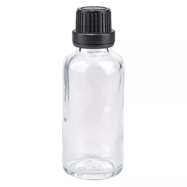 Helder glazen flessen 30ml met zwart druppelsluiting 2mm VR Helder glazen flessen 30ml met zwart druppelsluiting 2mm VR