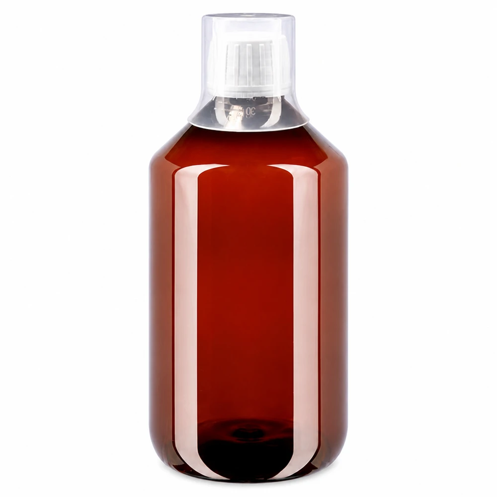 500ml PET medicijnfles - schroefsluiting VR wit - doseerbeker 30ml blank Braune PET Flasche 500ml mit Dosierverschluss und transparentem Messbecher