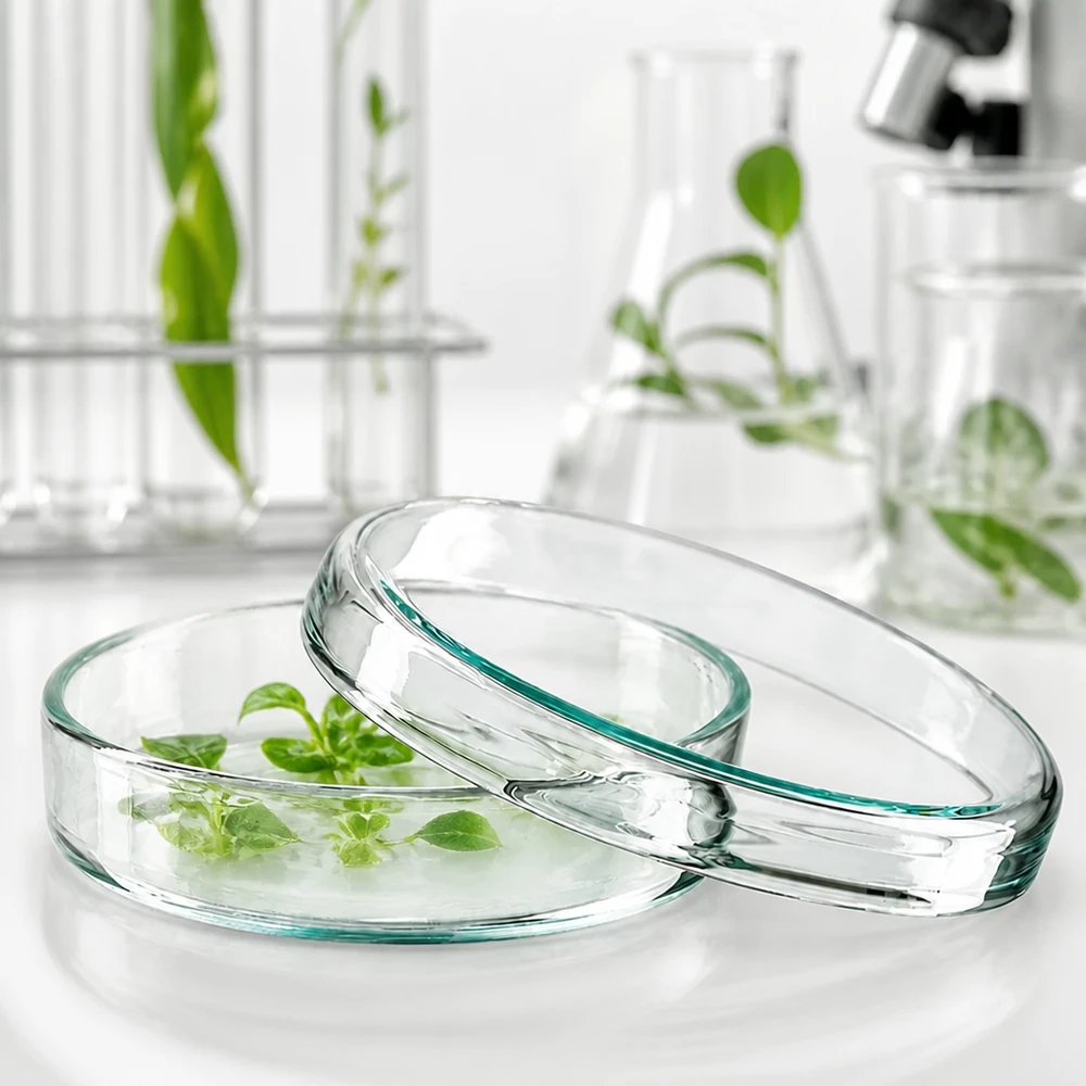 Petrischaal van 70 x 15 mm, van glas, voor plantencelcultuur, met een microscoop en een Erlenmeyer-kolf op de achtergrond