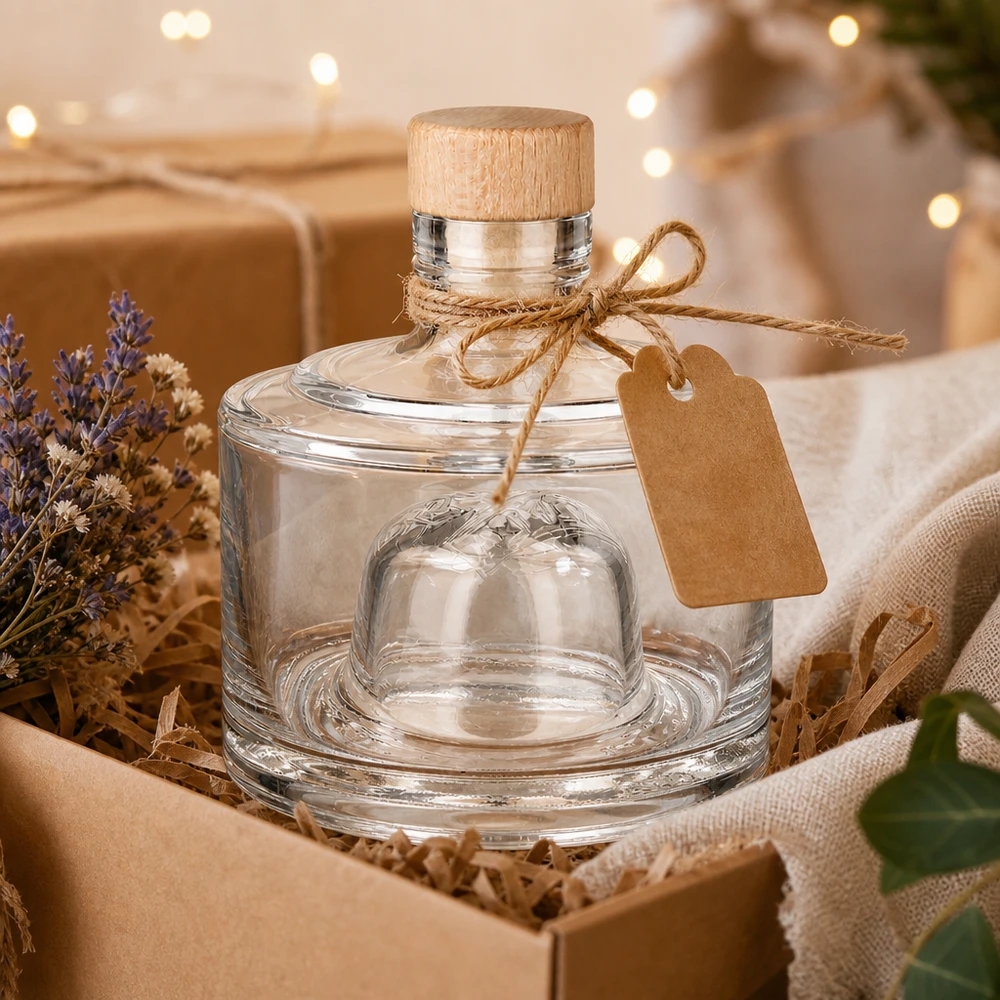 200 ml glazen fles Barbara met houten kurk met handvat UNiTWIST® 200ml Glasflasche Barbara als Geschenk verpackt mit Holzkorken Kraftpapier Anhänger und Lichterdeko festlich dekoriert