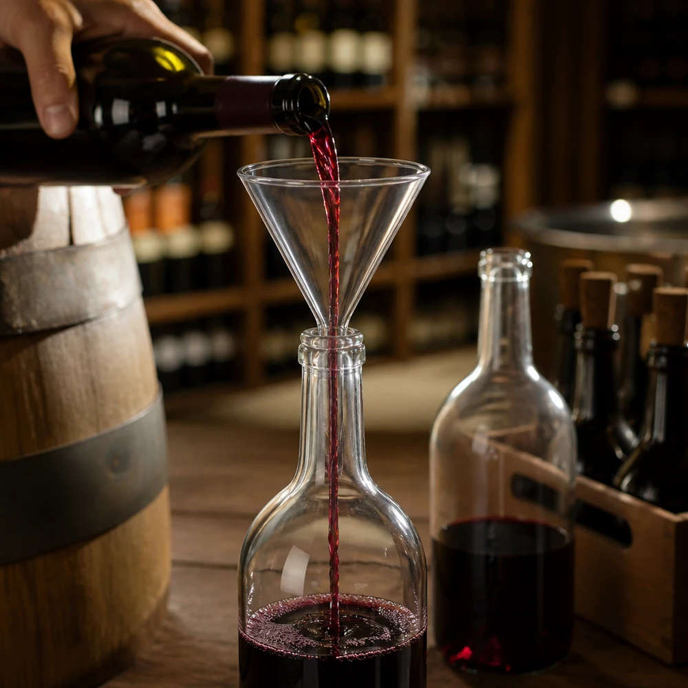 Doorzichtige glazen trechter van 100 mm met kort handvat voor het professioneel decanteren van wijn en vloeistoffen
