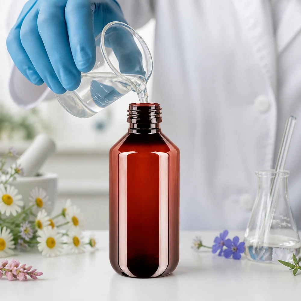 PET fles 200ml PP28 zonder dop Handschoenen vullen een bruine ronde PET-fles van 200 ml met een heldere vloeistof uit een glazen beker