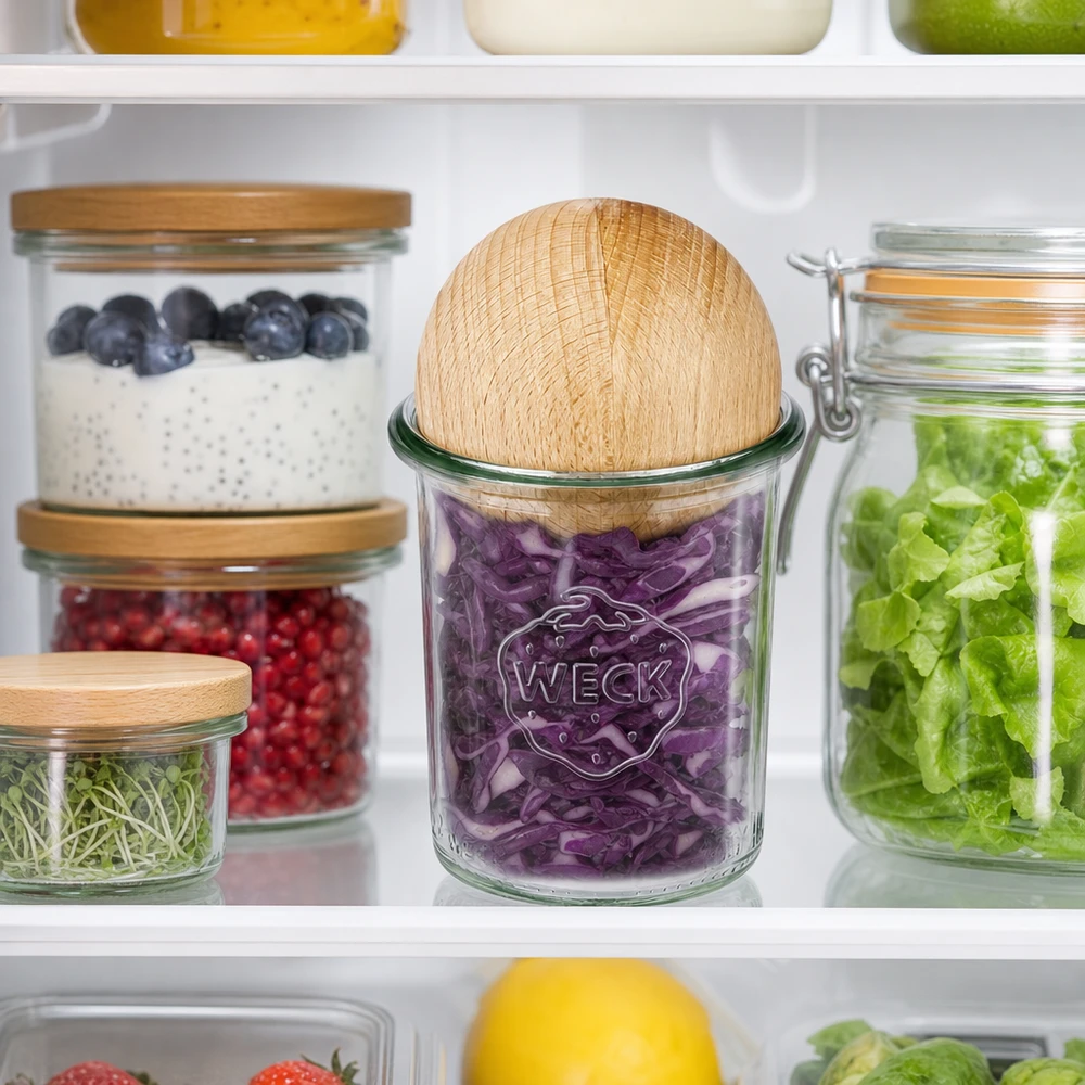 WECK RR60 160ml mason jar met houten bal beuken in de koelkast voor het bewaren van paarse kool naast andere voorraadpotten