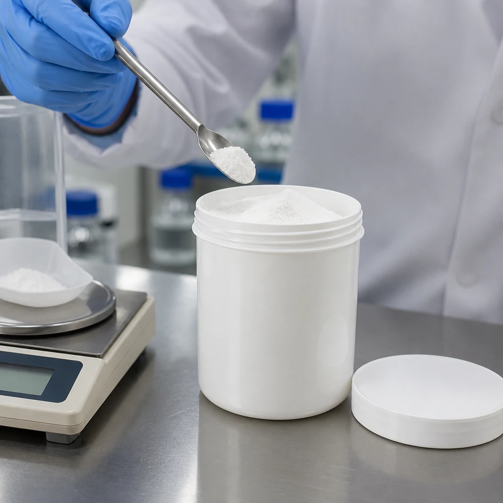 Stevige plastic kruik van 50 g met kindveilige schroefdop, gemaakt van voedselveilig polypropyleen