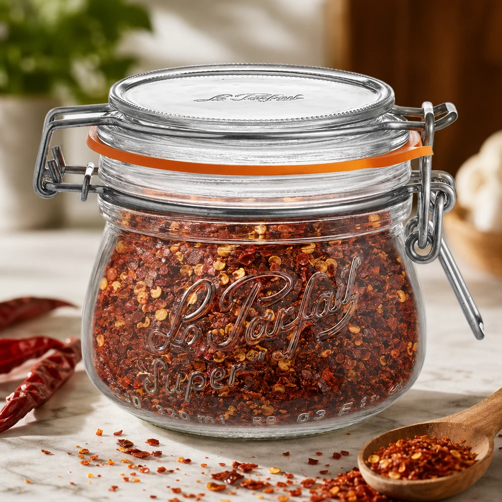 250ml Le Parfait voorraadpot super met draaidop gevuld met chilikruidenmix op houten tafel
