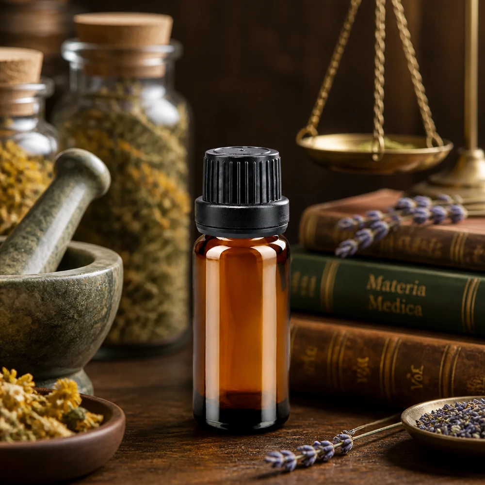 Bruine glazen fles 10ml met zwart druppelsluiting 2mm VR Flesje van 10 ml van bruin ApoGlas met een zwarte schroefdop op antiek hout