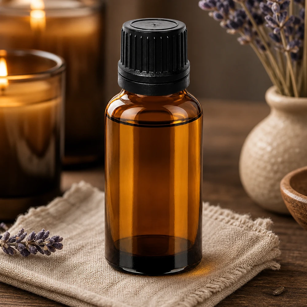 Premium druppelfles 20ml gemaakt van UV-bestendig amberkleurig glas met lekvrij zwart deksel