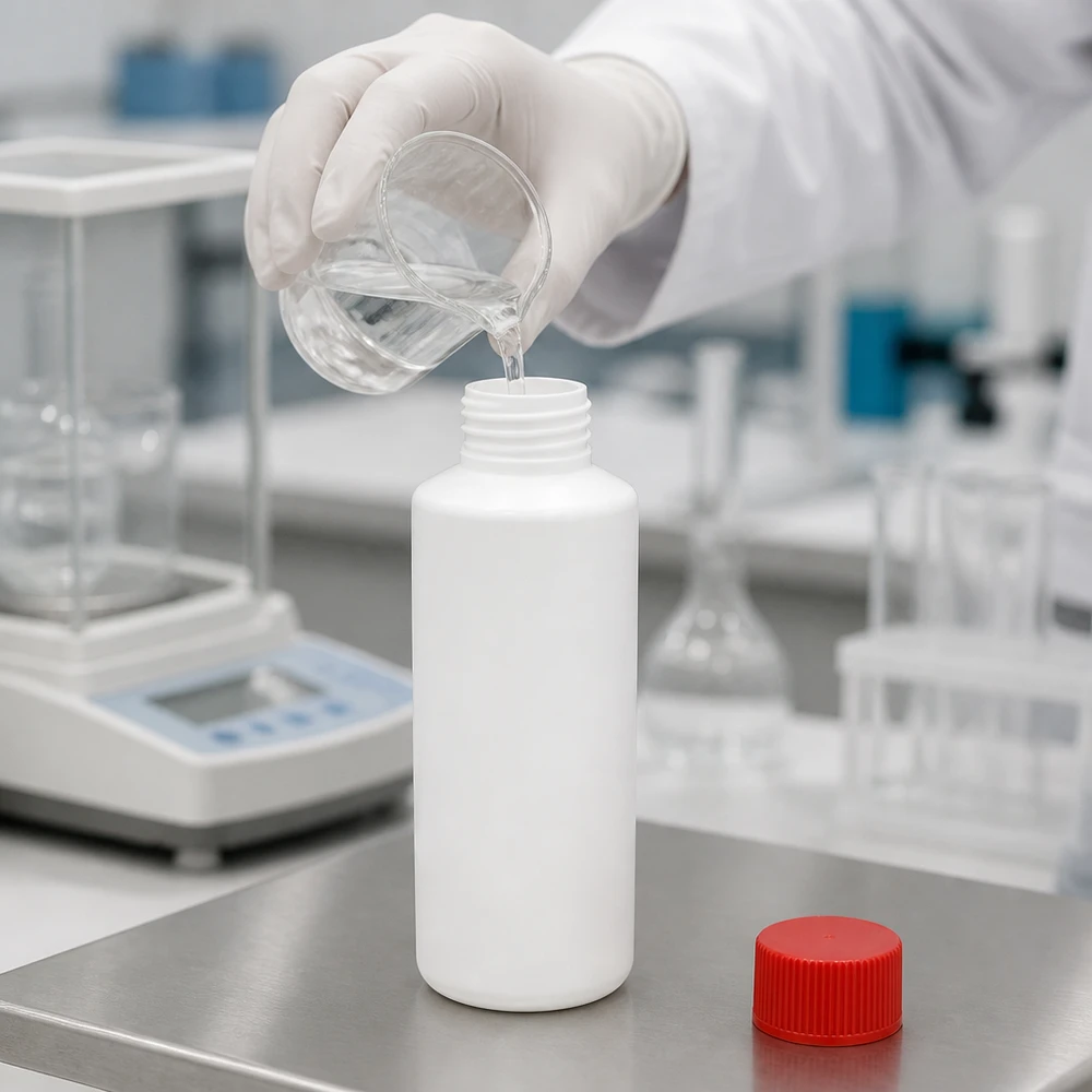 Steriele afvulling in witte HDPE-apothekersflesjes van 100 ml met rode dop in het cleanroomlaboratorium