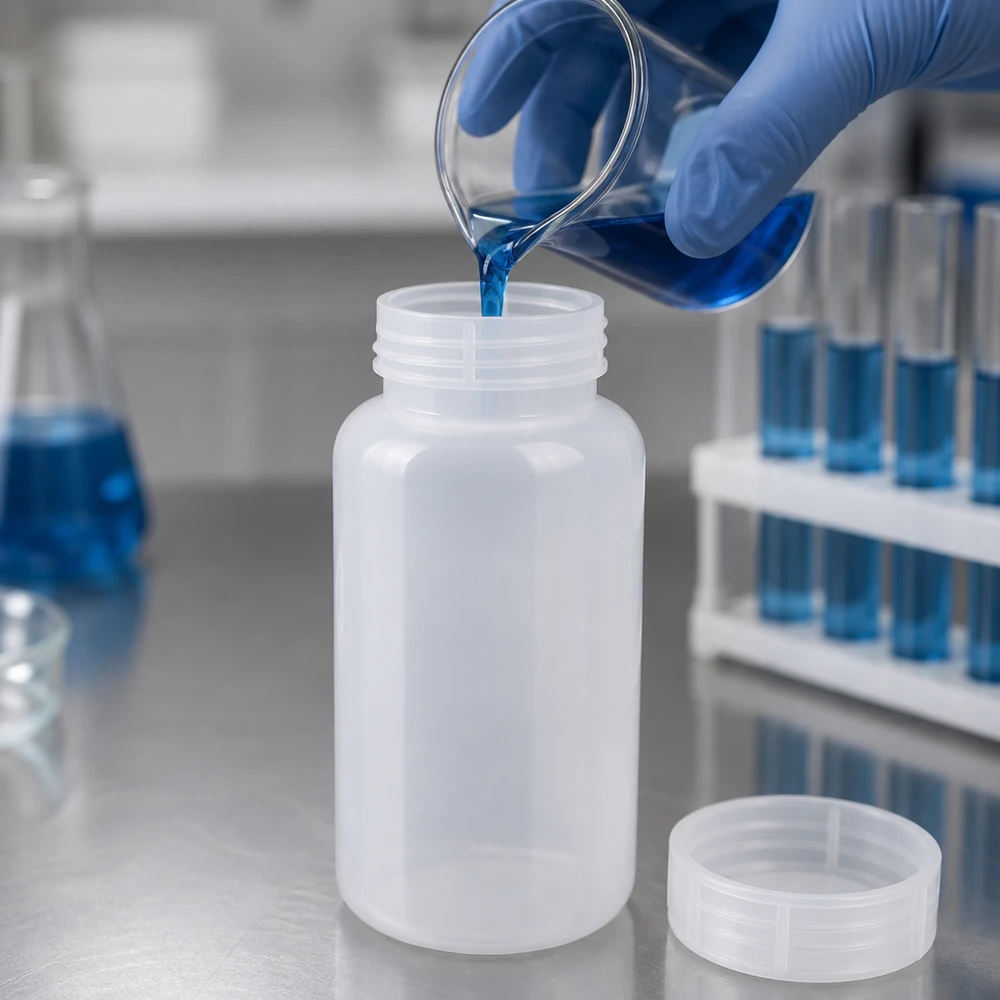 Wijde hals laboratoriumfles 1000ml met sluiting Doorzichtige laboratoriumfles van 1000 ml met brede hals tijdens het vullen met een blauwe oplossing in het scheikundig laboratorium