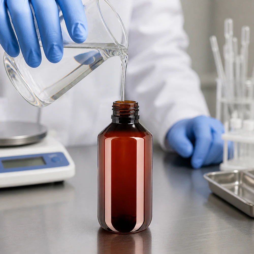 PET-fles 200ml met wit geribbeld OV Het vullen van een bruine PET-fles van 200 ml met een heldere vloeistof uit een bekerglas in het laboratorium