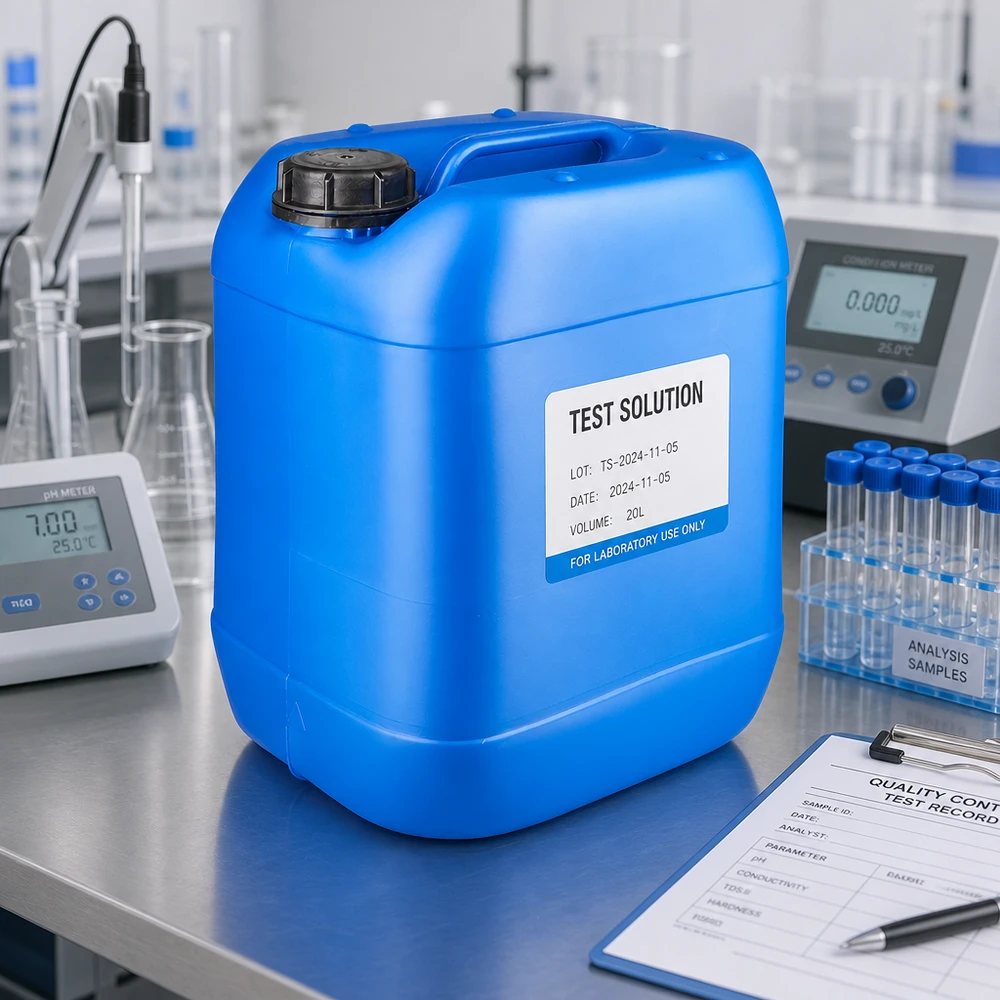 Blauwe jerrycan van 20 liter met OV-deksel voor chemische oplossingen in een professionele laboratoriumomgeving