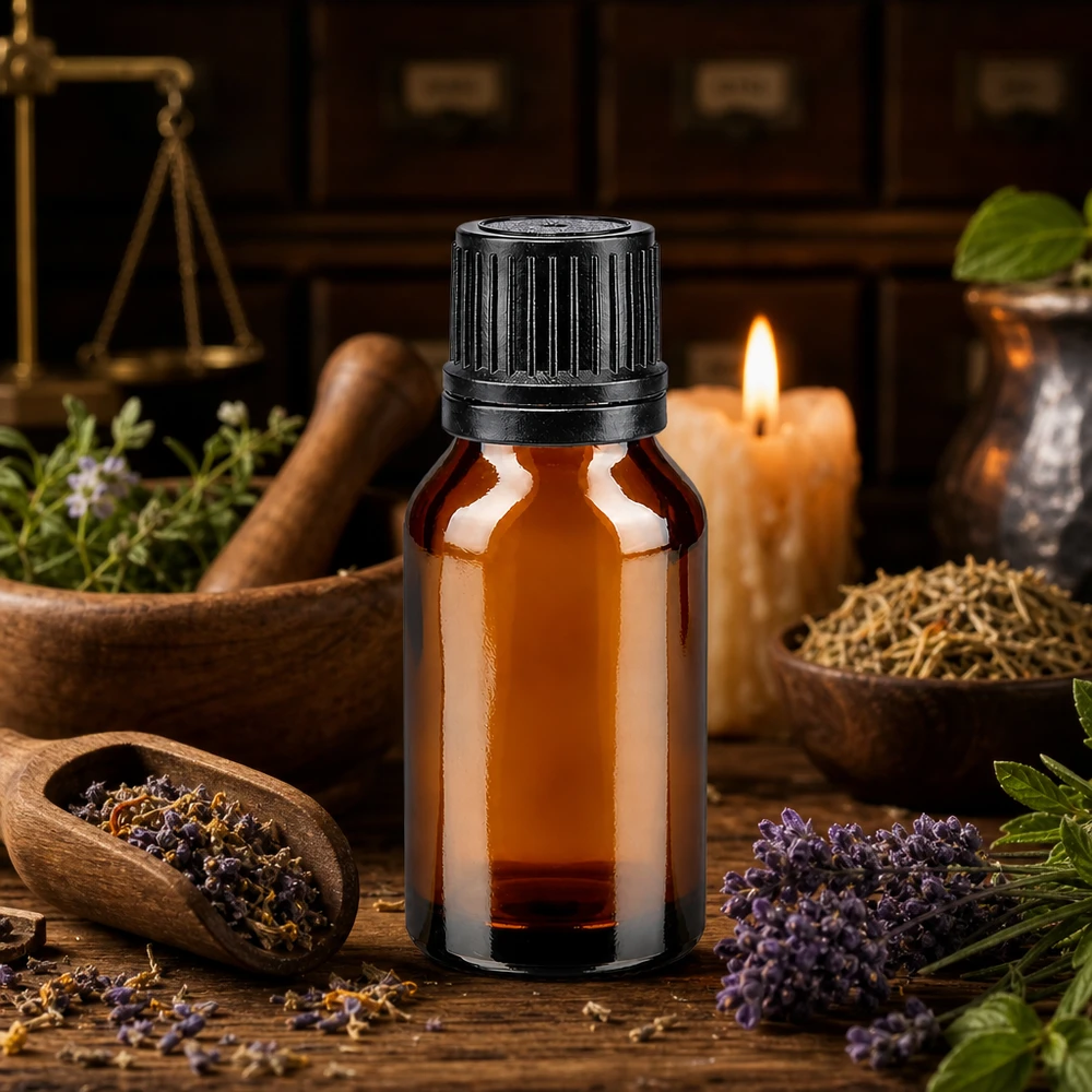 Flesje etherische olie van 15 ml, amberkleurig glas, zwarte dop, gepresenteerd met een kaars en kruiden