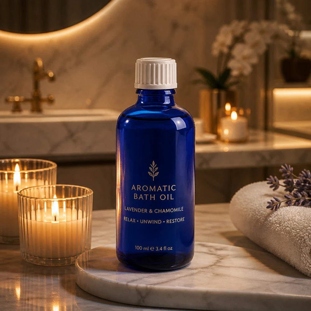 Blauwe apothekersfles van 50 ml voor etherische oliën en natuurlijke cosmetica, met witte standaarddop