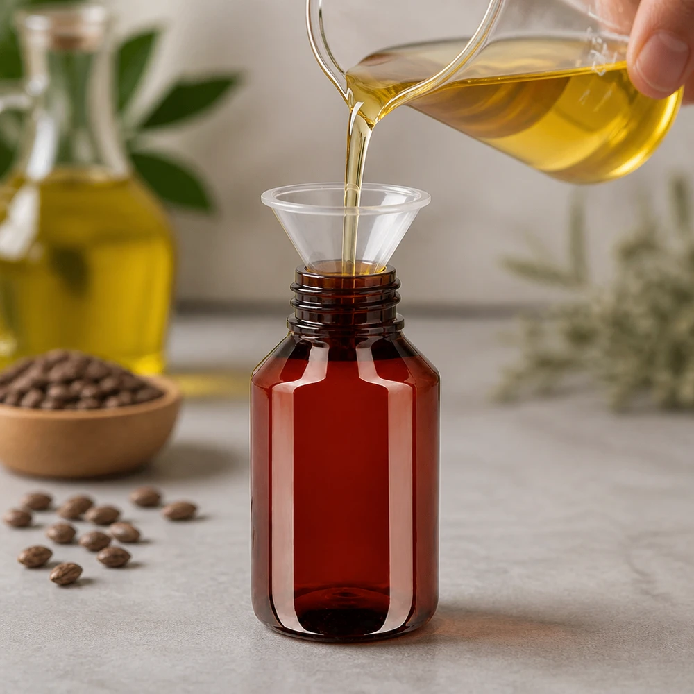 PET-fles 50ml met witte flip-top dop. Vulproces van etherische oliën in compacte, amberkleurige kunststof flesjes van 50 ml