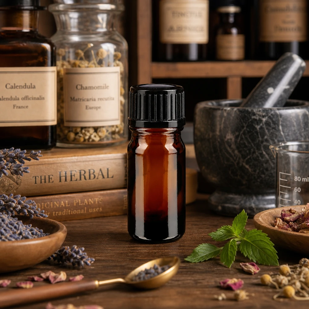 Bruine glazen fles 5ml met zwart schroefsluiting St Flesje etherische olie van 5 ml, bruin met een zwarte dop, naast lavendel en kruidenboeken