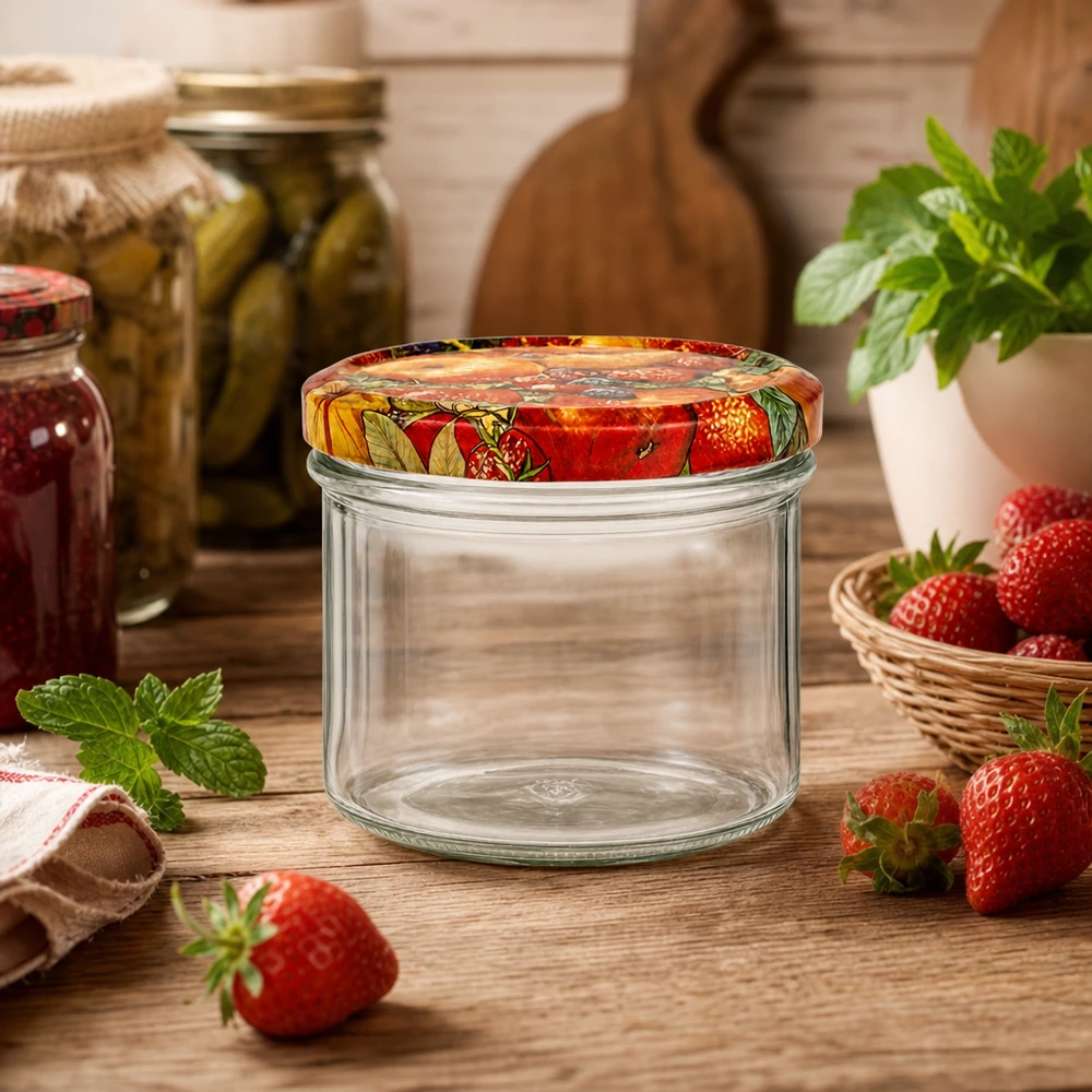 Fruitdecor van 225 ml omringd door verse aardbeien en munt, perfect voor zelfgemaakte aardbeienjam