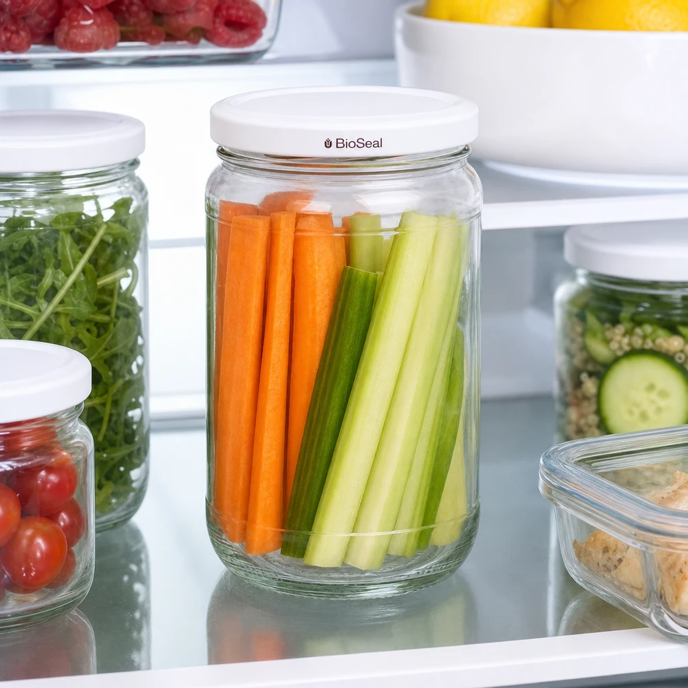UNiTWIST Runda305 im Kühlschrank mit frischen Karottensticks und Sellerie - optimale Gemüse-Frischhaltung dank BioSeal