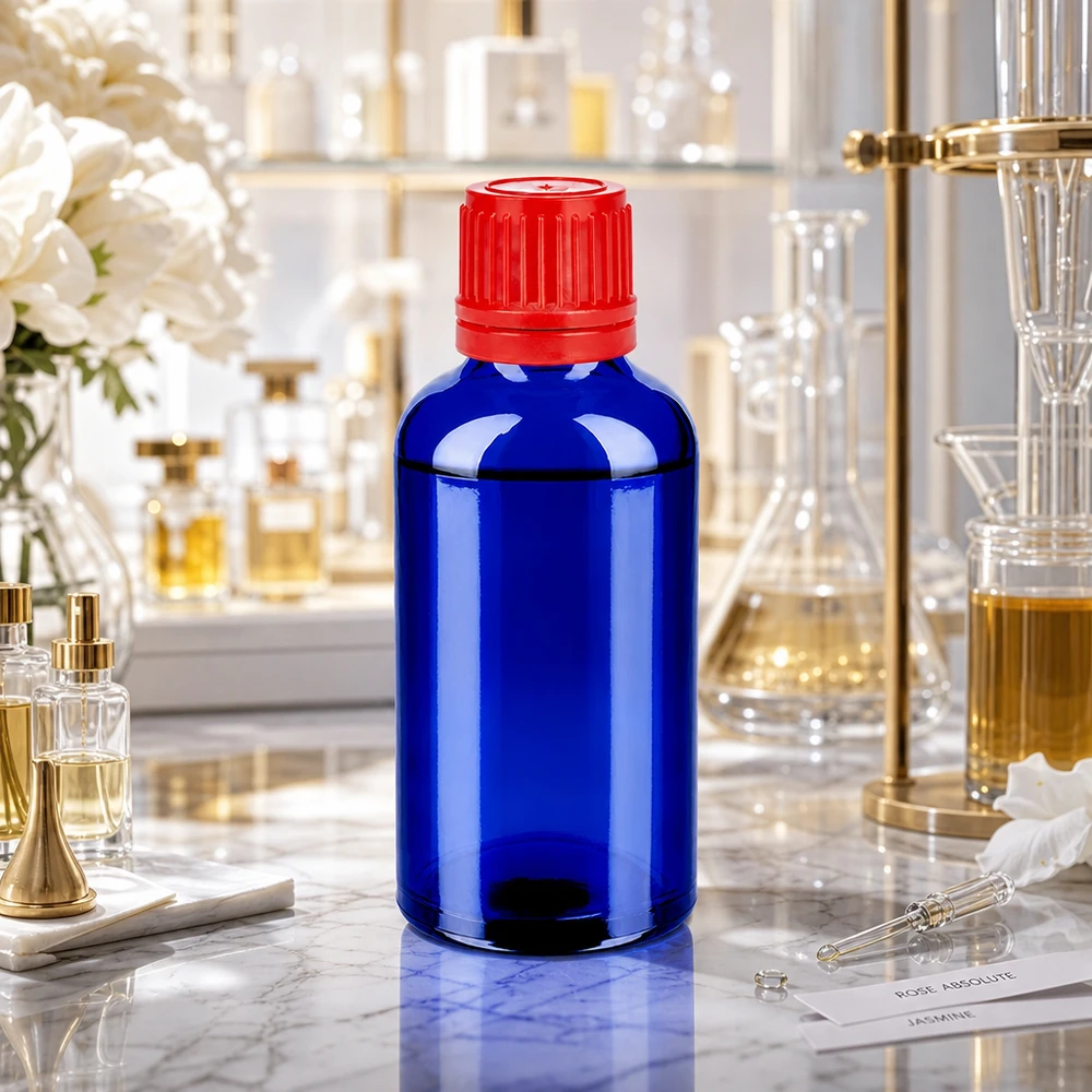 50ml fles 11mm SV rood OV BlueLine UT18/50 Lichtbeschermde 50ml fles van kobaltglas met SV sluiting 11mm OV BlueLine UT18/50