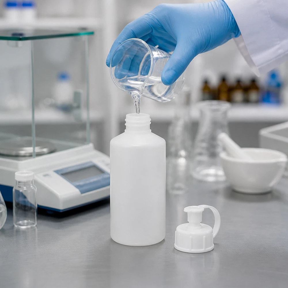 Witte apothekersfles van 50 ml, gemaakt van voedselveilig HDPE-kunststof, met spuitdop (geopend)