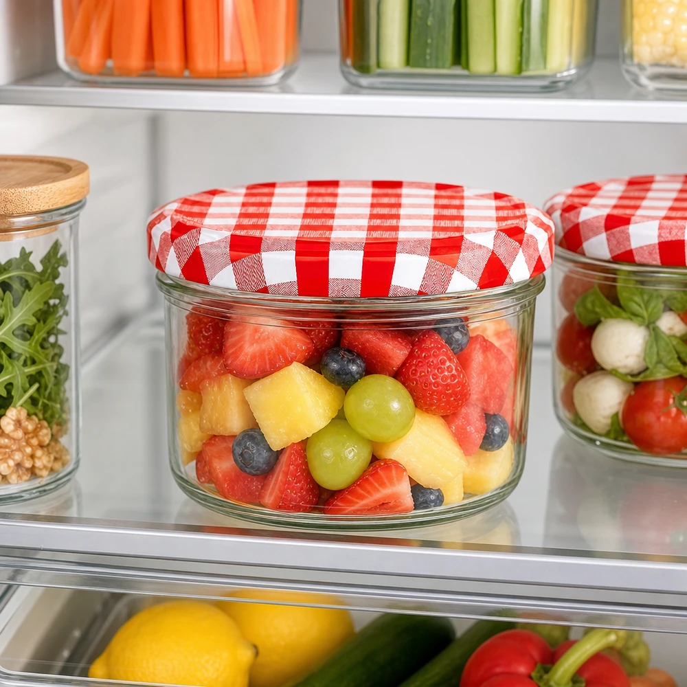 230ml cilindrische pot met BasicSeal deksel rood/wit UNiTWIST 230 ml cilindrische pot met rood en wit BasicSeal deksel gevuld met fruitsalade in de open koelkast om het vers te houden