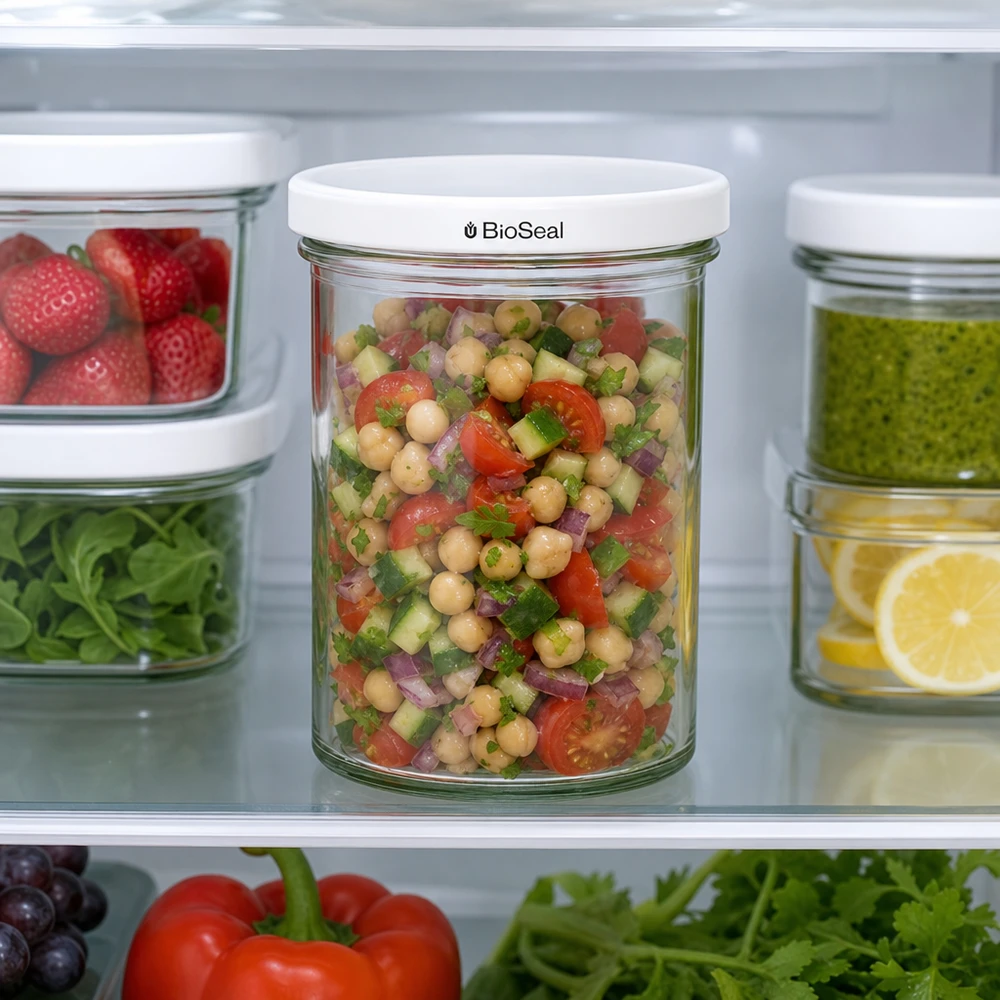 435ml bekers met BioSeal deksel wit UNiTWIST UNiTWIST pot 435ml in de koelkast gevuld met kikkererwtensalade toont praktische opslag van Meal Prep