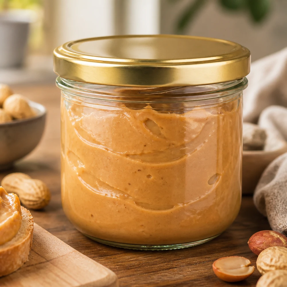 260ml mason jar gevuld met pindakaas BasicSeal deksel goud UNiTWIST omringd door noten op houten plank