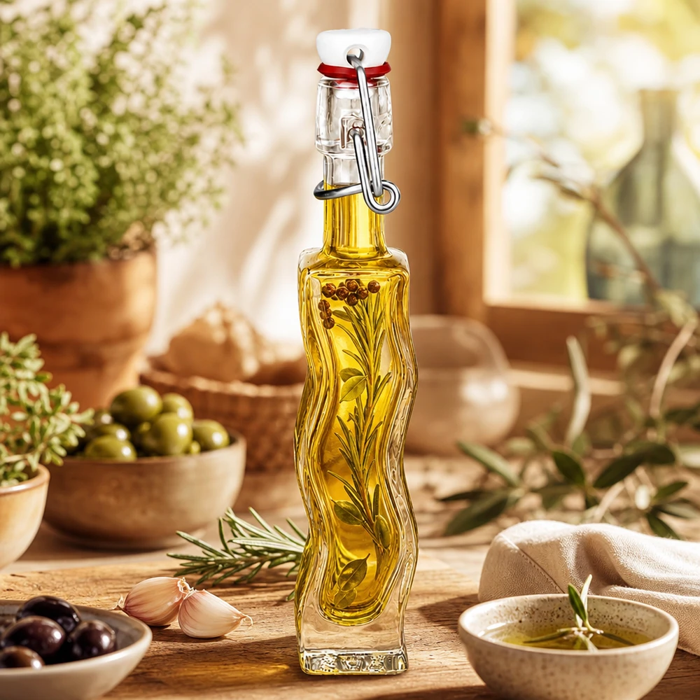 40ml glazen fles Anna gevuld met kruidenolie, mediterrane decoratie met olijven en rozemarijn op een houten tafel