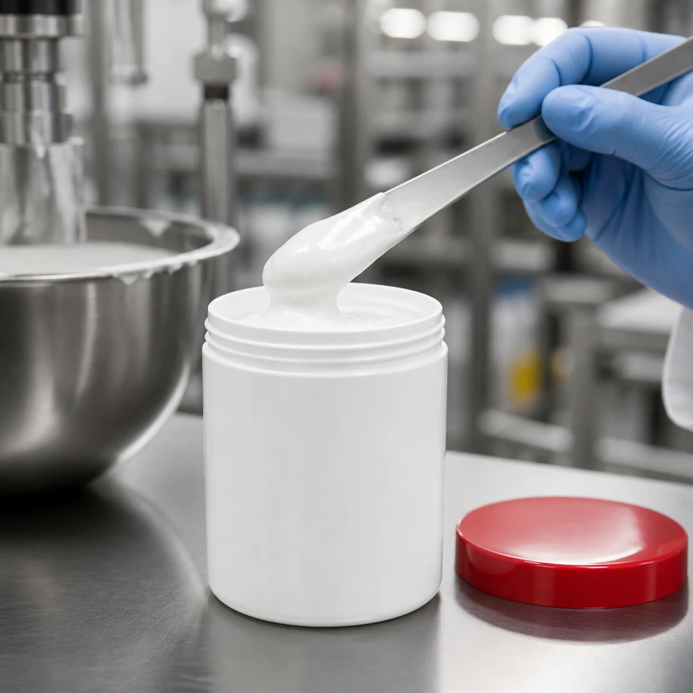 Zalfpot 50 g wit met rood schroefdeksel (PP) Open witte zalfpot van 50 g met een rood PP-deksel voor het professioneel afvullen van crèmes