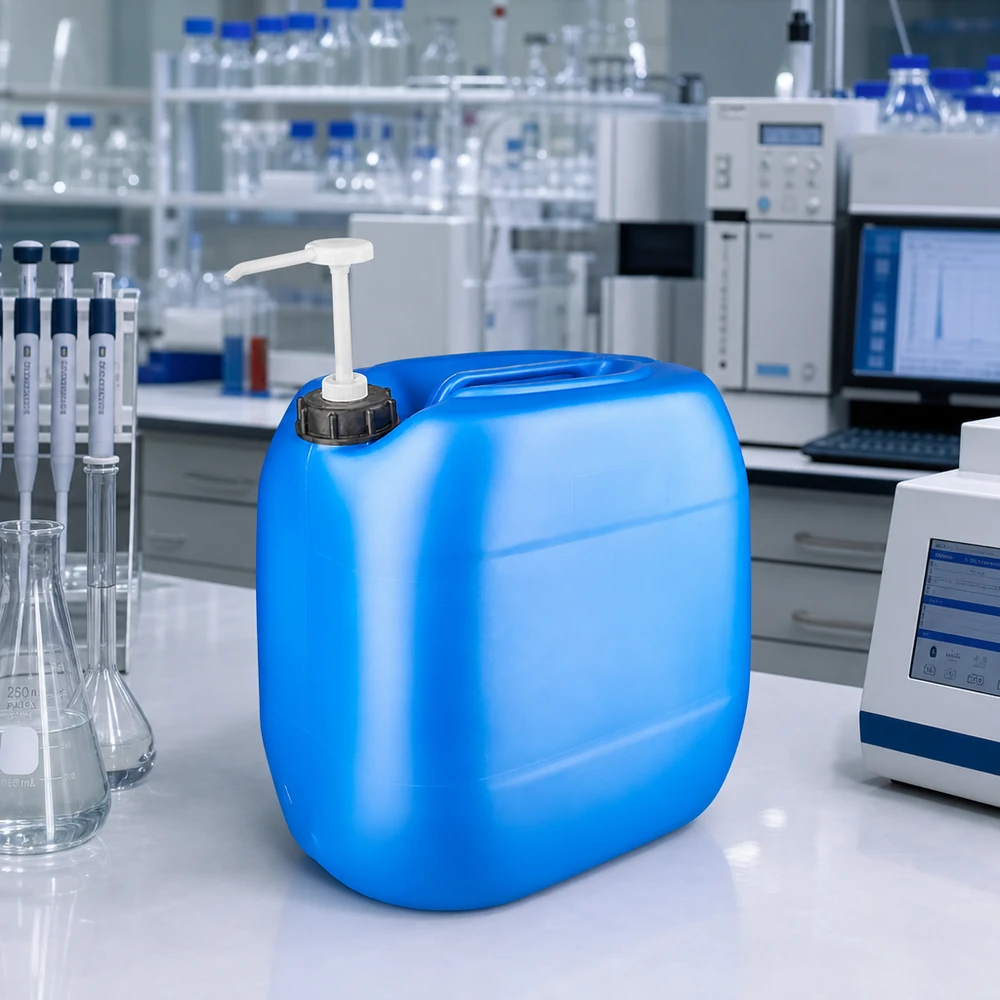 Canister 30 liter blauw met doseerpomp Grote blauwe jerrycan van 30 liter met pomp, naast een Erlenmeyer-kolf en pipetten