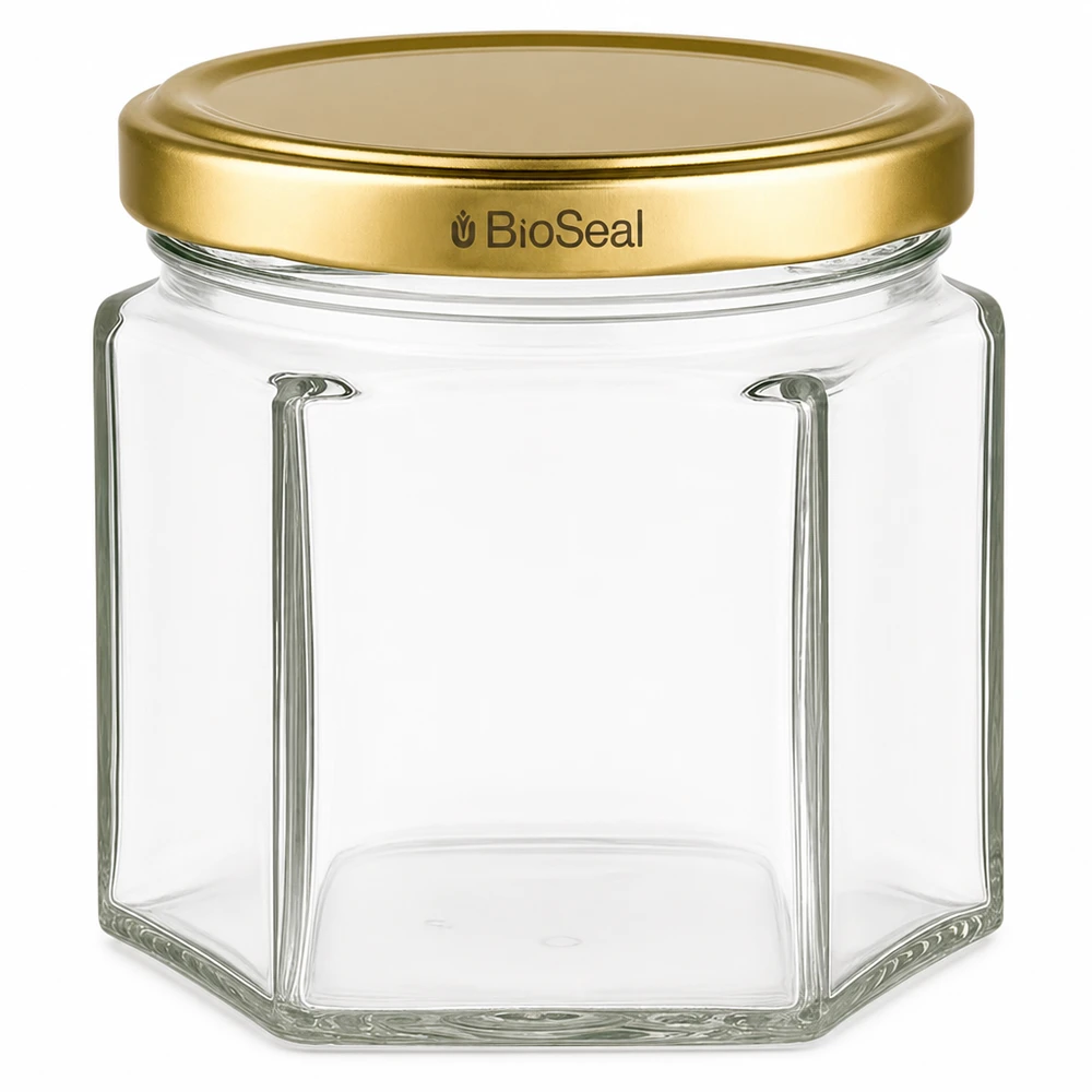 Zeshoekige glazen pot UNiTWIST Hexa47 met gouden TO43 BioSeal deksel voor conservering en opslag