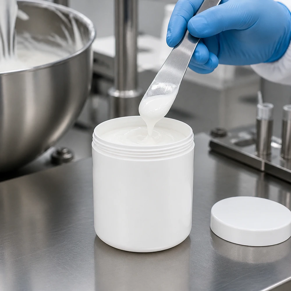 Zalfpot 50 g wit met schroefdeksel wit (PP) Voedselveilige PP-zalfpot van 50 g in wit met een goed sluitende schroefdop voor apotheken